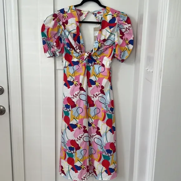 NWT FP x Glamorous Care Abstract Rainbow Print V- Neck Puff Shoulder Mid…