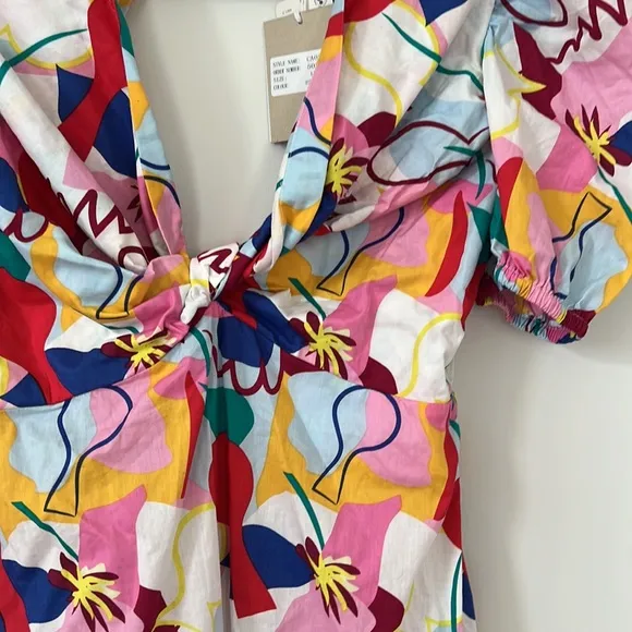 NWT FP x Glamorous Care Abstract Rainbow Print V- Neck Puff Shoulder Mid…