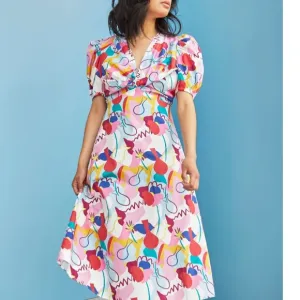 NWT FP x Glamorous Care Abstract Rainbow Print V- Neck Puff Shoulder Mid…