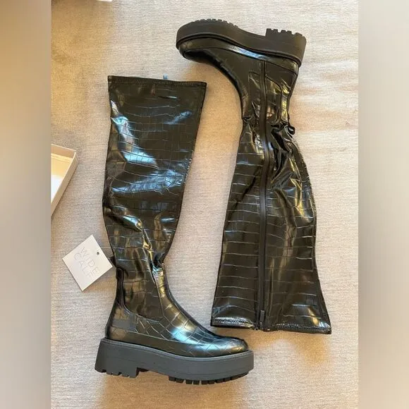 NWT Franco Sarto Wide Calf Croc Embossed Jana Over the Knee Lug Boots in Black 6