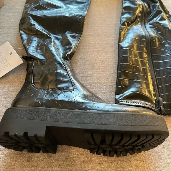 NWT Franco Sarto Wide Calf Croc Embossed Jana Over the Knee Lug Boots in Black 6
