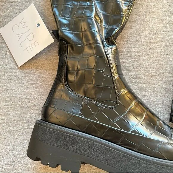 NWT Franco Sarto Wide Calf Croc Embossed Jana Over the Knee Lug Boots in Black 6