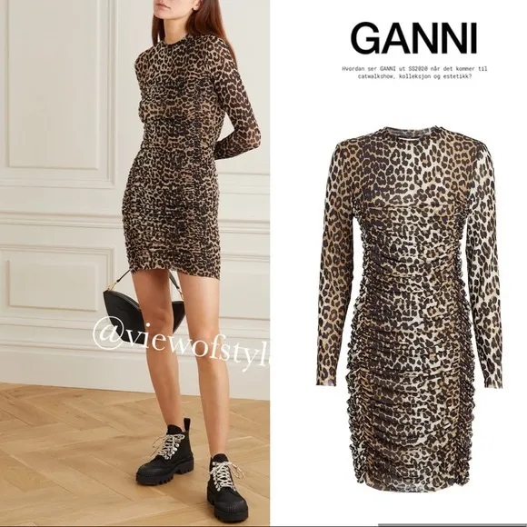 NWT Ganni Ruched Leopard Print Mini Dress Animal Print