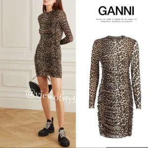 NWT Ganni Ruched Leopard Print Mini Dress Animal Print