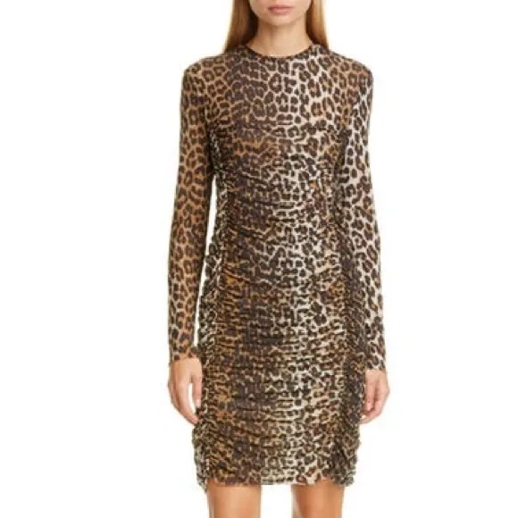NWT Ganni Ruched Leopard Print Mini Dress Animal Print