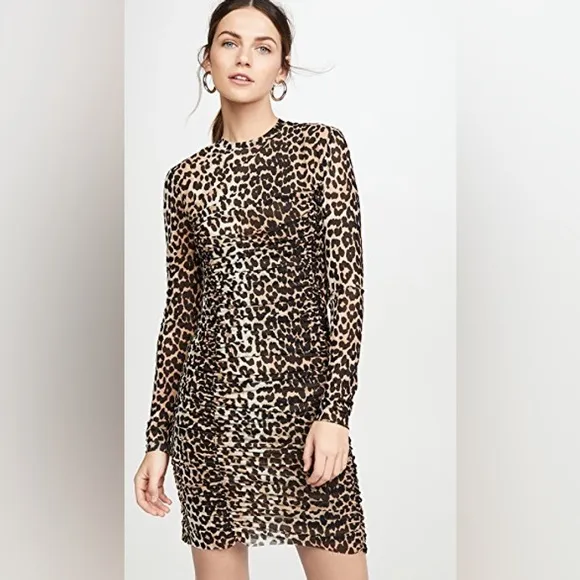 NWT Ganni Ruched Leopard Print Mini Dress Animal Print