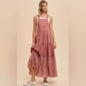 NWT In Bloom Women’s Skirtall Tiered Embroidered &amp; Lace Overalls Midi Dress