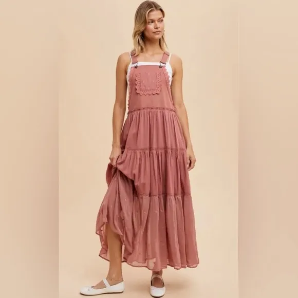 NWT In Bloom Women’s Skirtall Tiered Embroidered &amp; Lace Overalls Midi Dress