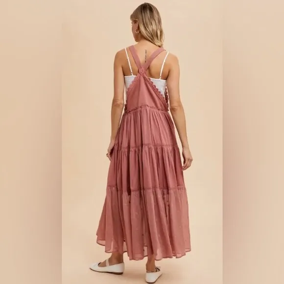 NWT In Bloom Women’s Skirtall Tiered Embroidered &amp; Lace Overalls Midi Dress