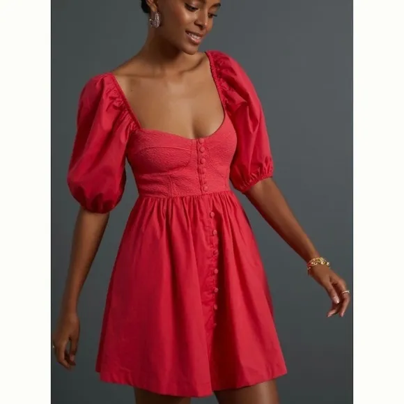 NWT Maeve Puff-Sleeved Sweetheart Mini Dress | Anthropologie | Size: Large