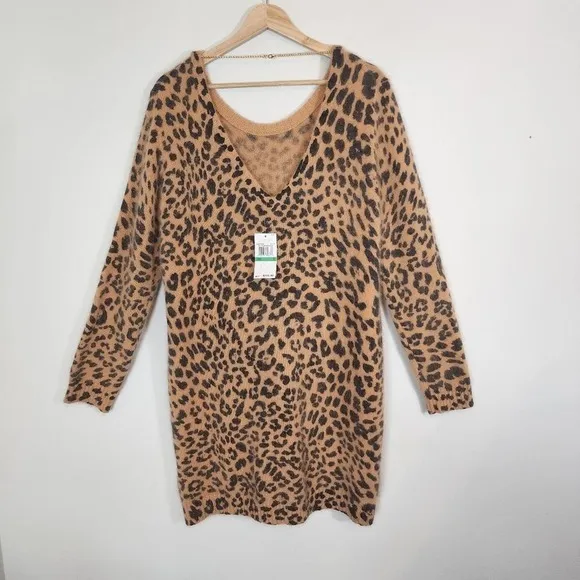 NWT Michael Kors Animal Leopard Print Angora Blend Sweater V Neck Dress SZ Large