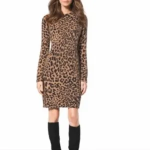 NWT Michael Kors Animal Leopard Print Angora Blend Sweater V Neck Dress SZ Large