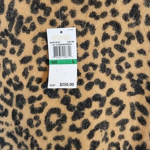 NWT Michael Kors Animal Leopard Print Angora Blend Sweater V Neck Dress SZ Large