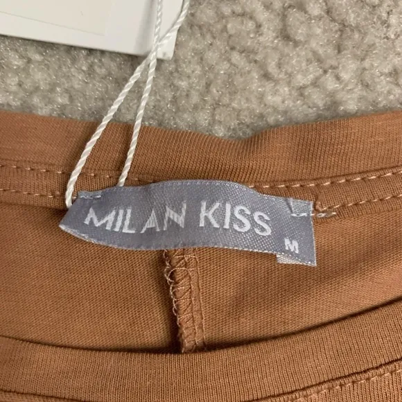 NWT Milan Kiss Dress Women Belted Cotton Brown Short Sleeve size Medium Midi