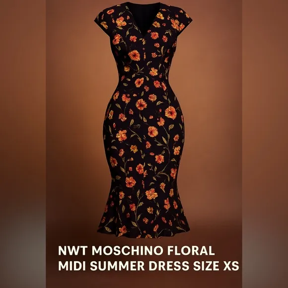 NWT Moschino Floral Hourglass Midi Dress XS S | Made in Italy 🌸👗 Easter Cocktail