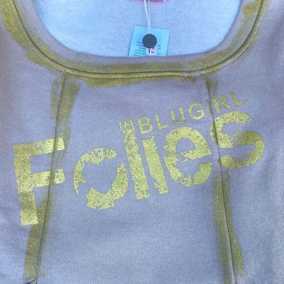 NWT New Blugirl Folies Beige w/Gold Logo Sweater Dress. Size 42 (US Medium)