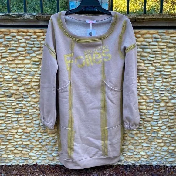 NWT New Blugirl Folies Beige w/Gold Logo Sweater Dress. Size 42 (US Medium)