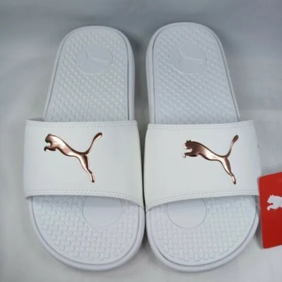 NWT PUMA AUTHENTIC COOL CAT SPORT WOMEN'S WHITE GOLDEN SLIP ON SLIDES SANDALS