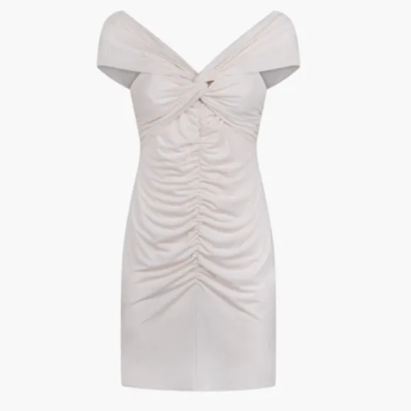 NWT Self-Portrait Ivory Jersey Off-Shoulder Mini Dress, US2/UK6 XS bridal cream