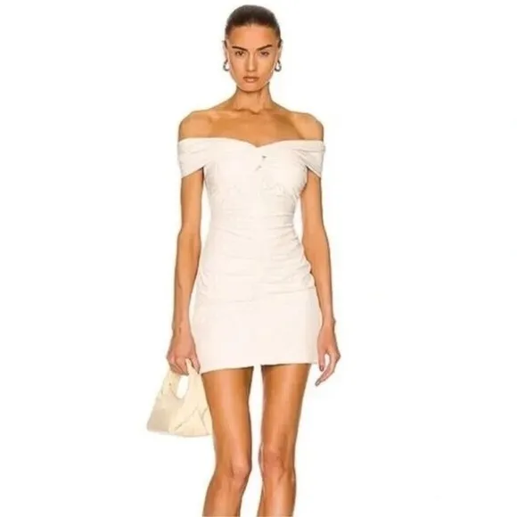 NWT Self-Portrait Ivory Jersey Off-Shoulder Mini Dress, US2/UK6 XS bridal cream