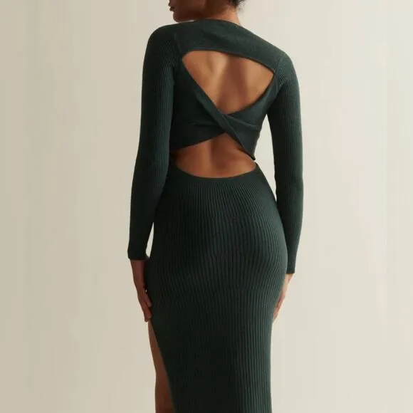 NWT SKIN Mariana Dress Size M (2) in Sea Moss Green Open Back Ribbed Cotton
