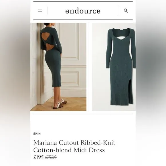 NWT SKIN Mariana Dress Size M (2) in Sea Moss Green Open Back Ribbed Cotton