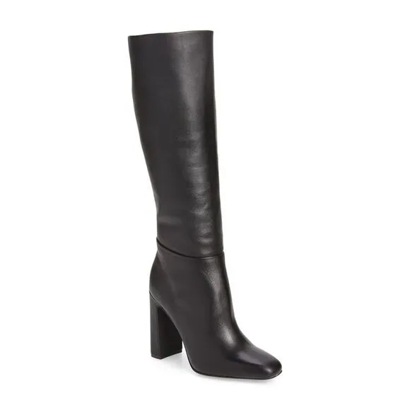 NWT STEVE MADDEN Womens Black Ally Square Toe Block Heel Leather Boots 9.5