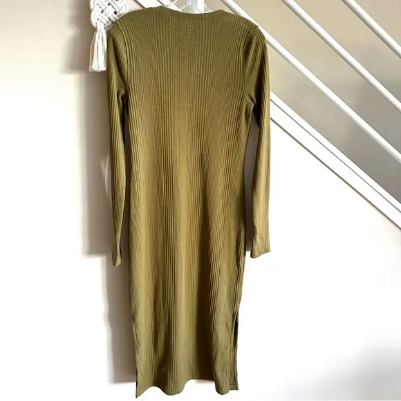 NWT Sweaty Betty Olive Green Ribbed Henley Long Sleeve Cotton Midi Dress Small