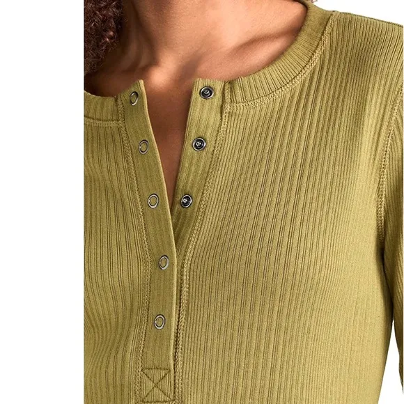 NWT Sweaty Betty Olive Green Ribbed Henley Long Sleeve Cotton Midi Dress Small