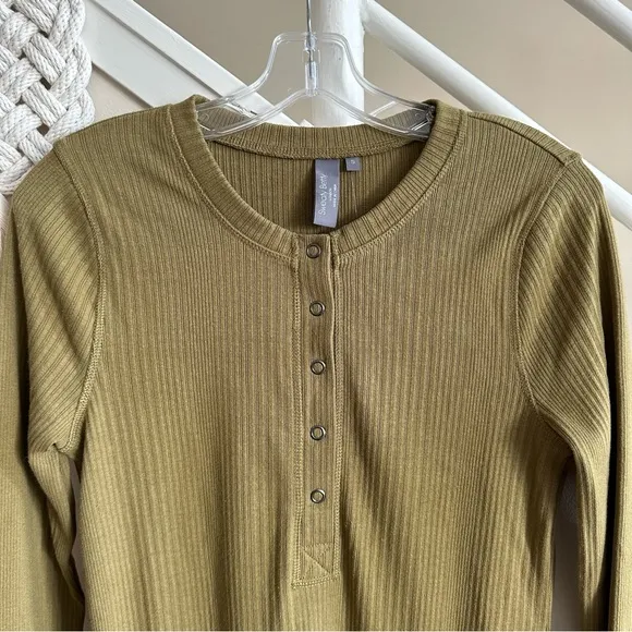 NWT Sweaty Betty Olive Green Ribbed Henley Long Sleeve Cotton Midi Dress Small