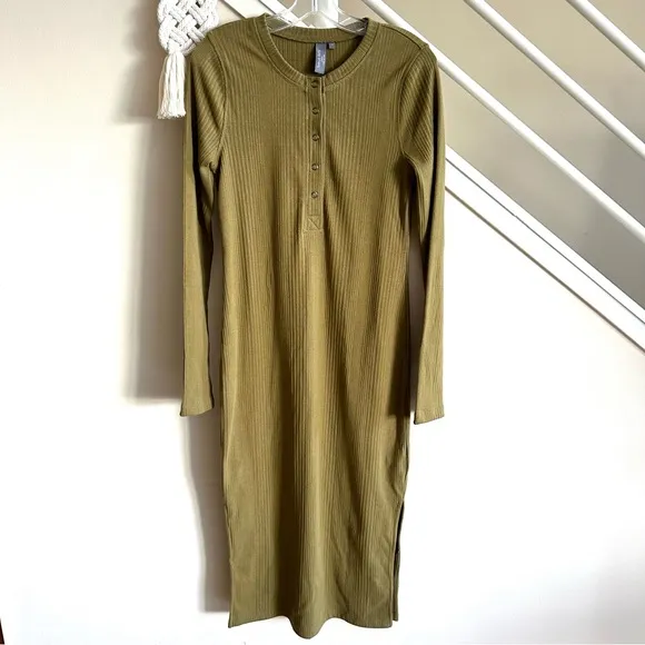 NWT Sweaty Betty Olive Green Ribbed Henley Long Sleeve Cotton Midi Dress Small