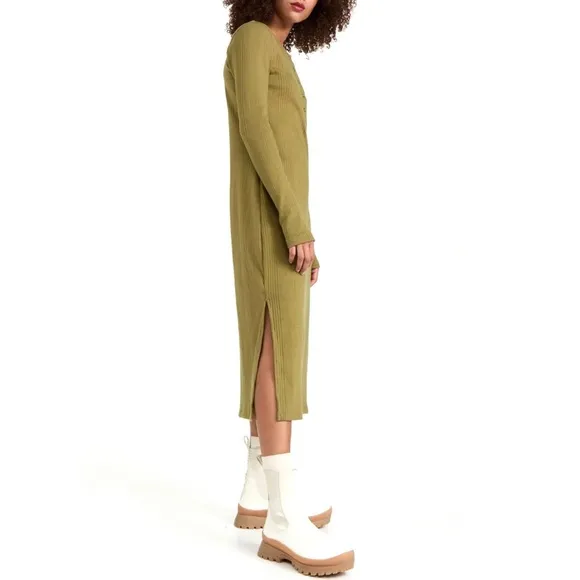NWT Sweaty Betty Olive Green Ribbed Henley Long Sleeve Cotton Midi Dress Small