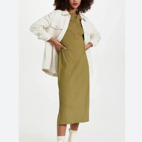 NWT Sweaty Betty Olive Green Ribbed Henley Long Sleeve Cotton Midi Dress Small
