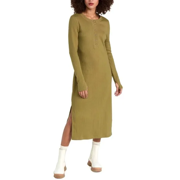 NWT Sweaty Betty Olive Green Ribbed Henley Long Sleeve Cotton Midi Dress Small