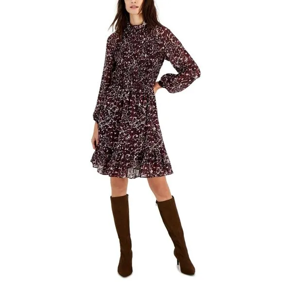 NWT Taylor Mock-Neck Smocked Long-Sleeve Dress 3016M 16 Mauve Plum Purple