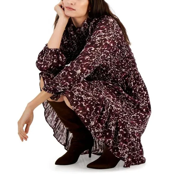 NWT Taylor Mock-Neck Smocked Long-Sleeve Dress 3016M 16 Mauve Plum Purple