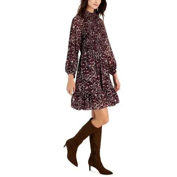 NWT Taylor Mock-Neck Smocked Long-Sleeve Dress 3016M 16 Mauve Plum Purple