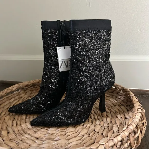 NWT Zara Black Sequin Fabric Boots with Heel Size 6