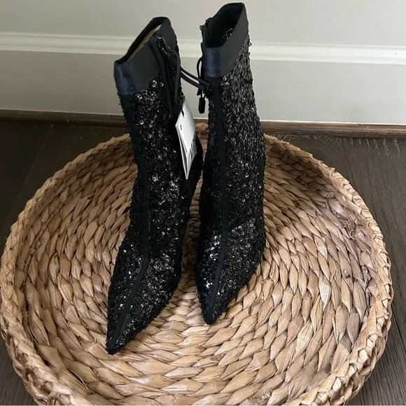 NWT Zara Black Sequin Fabric Boots with Heel Size 6