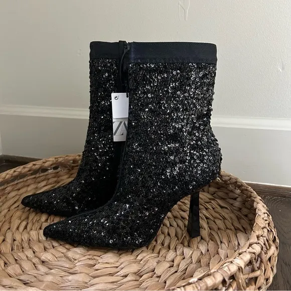 NWT Zara Black Sequin Fabric Boots with Heel Size 6