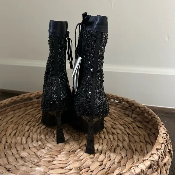 NWT Zara Black Sequin Fabric Boots with Heel Size 6