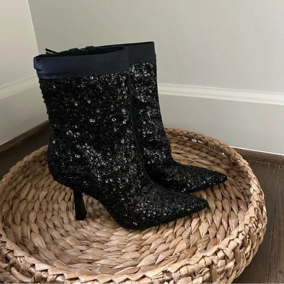 NWT Zara Black Sequin Fabric Boots with Heel Size 6