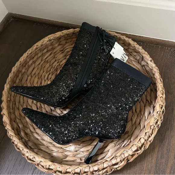 NWT Zara Black Sequin Fabric Boots with Heel Size 6