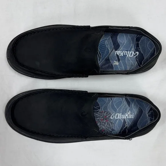 Olukai Kalia Leather Slip On Shoes Mens 10 Full Grain Waxed Nubuck Leather Black