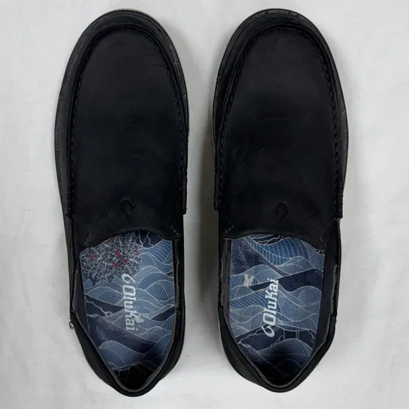 Olukai Kalia Leather Slip On Shoes Mens 10 Full Grain Waxed Nubuck Leather Black