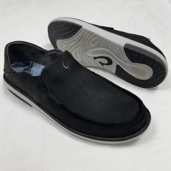 Olukai Kalia Leather Slip On Shoes Mens 10 Full Grain Waxed Nubuck Leather Black