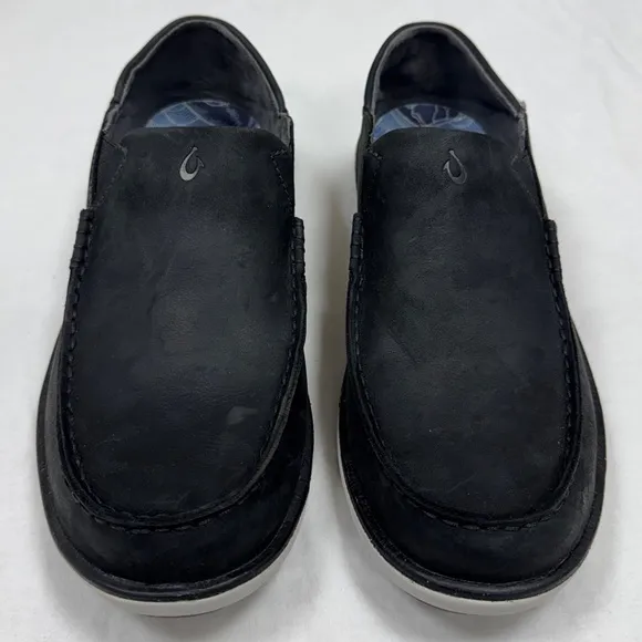 Olukai Kalia Leather Slip On Shoes Mens 10 Full Grain Waxed Nubuck Leather Black