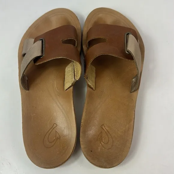 OLUKAI Nonohe Olu Golden Brown Leather Slide Women’s Sandals