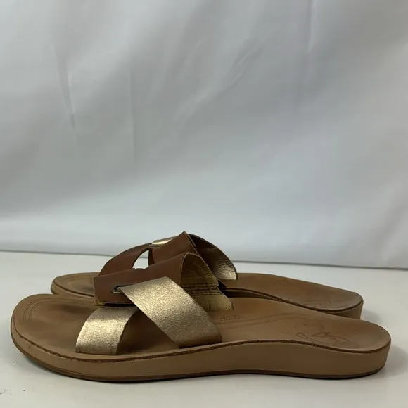 OLUKAI Nonohe Olu Golden Brown Leather Slide Women’s Sandals
