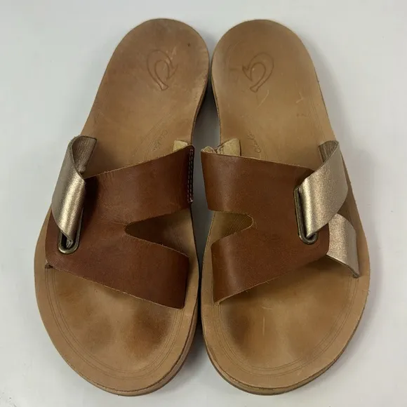 OLUKAI Nonohe Olu Golden Brown Leather Slide Women’s Sandals